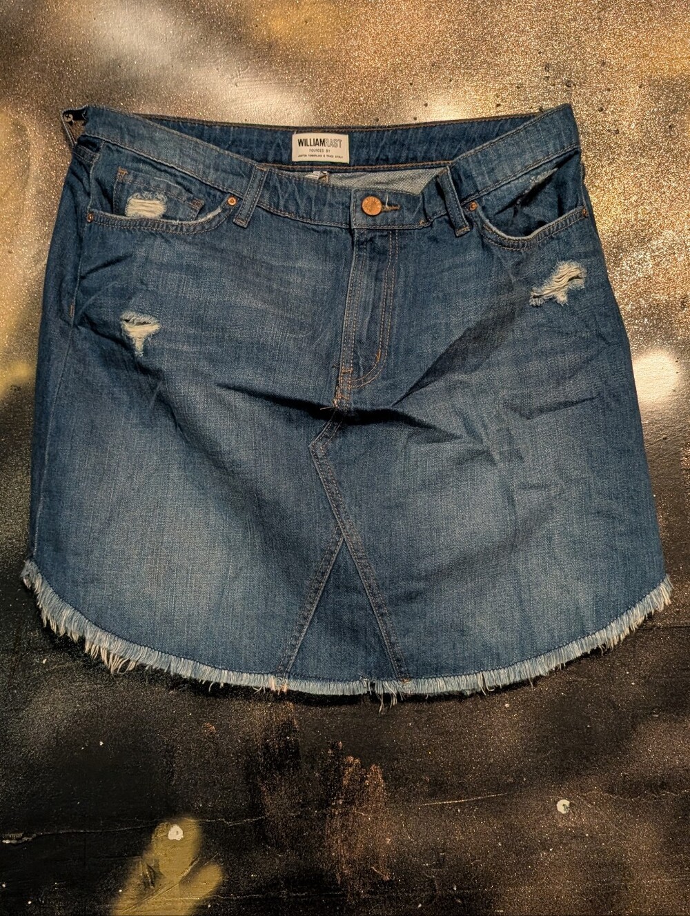 William Rast Distressed Dark Blue Denim Mini Skirt with Frayed Hem
